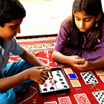 A vibrant, close-up shot of 3-4 Pakistani children (aged 8-12, a mix of boys and girls) intensely playing "Turning Mecard" in a sunlit room or a traditional courtyard. Focus on their expressions of deep concentration, strategic thinking, and animated discussion as they manipulate the transforming robot toys and game cards. Show the physical interaction with the toys and the sense of friendly competition, emphasizing the development of problem-solving and planning skills. Subtle details of a Pakistani home environment, such as patterned rugs or arches, should be visible.