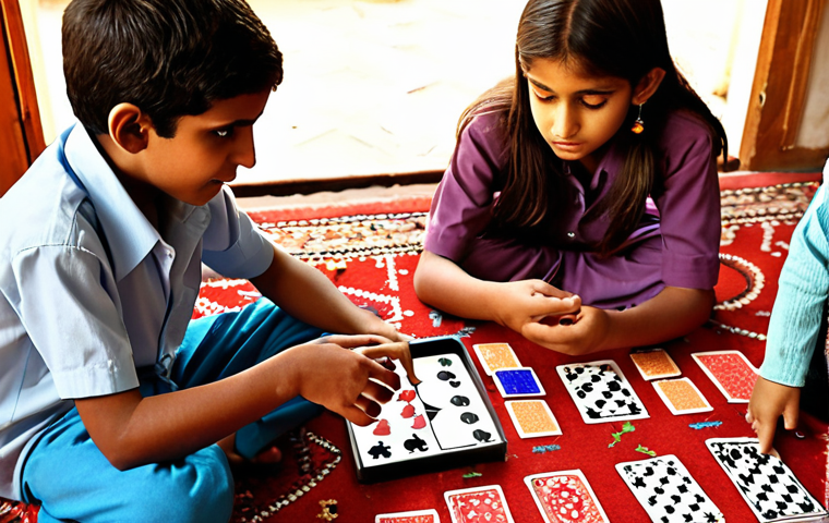 A vibrant, close-up shot of 3-4 Pakistani children (aged 8-12, a mix of boys and girls) intensely playing "Turning Mecard" in a sunlit room or a traditional courtyard. Focus on their expressions of deep concentration, strategic thinking, and animated discussion as they manipulate the transforming robot toys and game cards. Show the physical interaction with the toys and the sense of friendly competition, emphasizing the development of problem-solving and planning skills. Subtle details of a Pakistani home environment, such as patterned rugs or arches, should be visible.