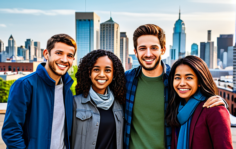Friendship and Teamwork**
"A group of fully clothed, diverse friends standing together, smiling confidently, with a vibrant city skyline in the background. They are dressed in modest, casual clothing, appropriate for young adults. The scene emphasizes unity and support. Safe for work, appropriate content, perfect anatomy, natural proportions, professional illustration, family-friendly."
**