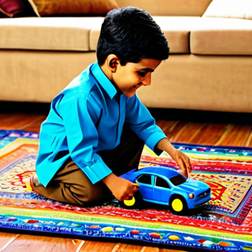 Home 6 터닝메카드 인형 및 추가 상품 소개 - Young Boy Playing with Turning Mecard**
"A young boy, fully clothed in a shalwar kameez, playing wi...