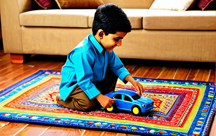 터닝메카드 인형 및 추가 상품 소개 - Young Boy Playing with Turning Mecard**
"A young boy, fully clothed in a shalwar kameez, playing wi...
