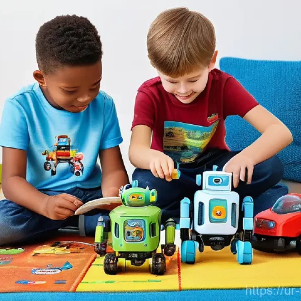 터닝메카드의 사회적 영향 - **Imaginative Play with Turning Mecard Toys:** A group of diverse children, aged 6-10, are engrossed...