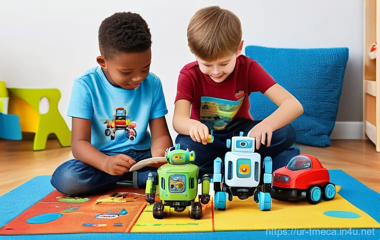터닝메카드의 사회적 영향 - **Imaginative Play with Turning Mecard Toys:** A group of diverse children, aged 6-10, are engrossed...