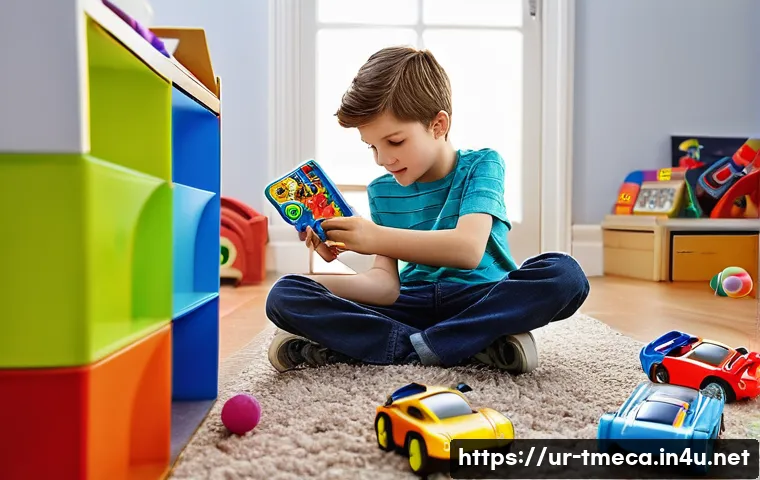 터닝메카드 광고 캠페인 분석 - **Imaginative Play with Transforming Mecard Toy:** A vibrant, eye-level shot of a 7-year-old boy, wi...