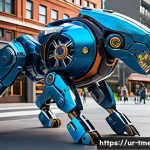 Home 21 터닝메카드 지역별 인기 메카니멀 - A vibrant urban scene featuring a powerful mechanical animal toy designed with aggressive, sleek arm...
