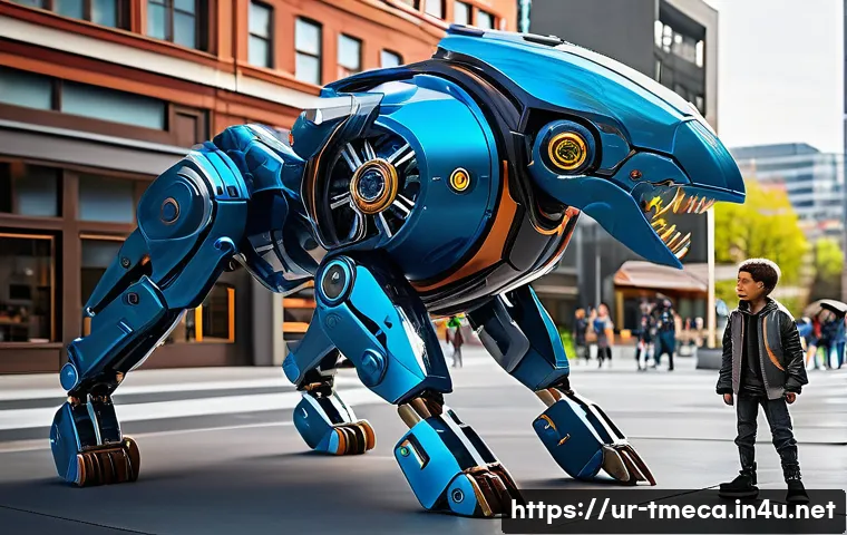 터닝메카드 지역별 인기 메카니멀 - A vibrant urban scene featuring a powerful mechanical animal toy designed with aggressive, sleek arm...