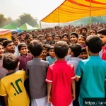 Home 23 터닝메카드 공식 팬카페 정보 - A vibrant, detailed scene of a Turning Mecard fan club event in Pakistan, featuring children and you...