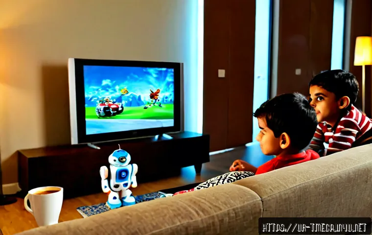 Home 17 터닝메카드 팬들에게 인기 있는 에피소드 - Photorealistic Pakistani family living room during a lively animated toy-robot adventure viewing, tw...